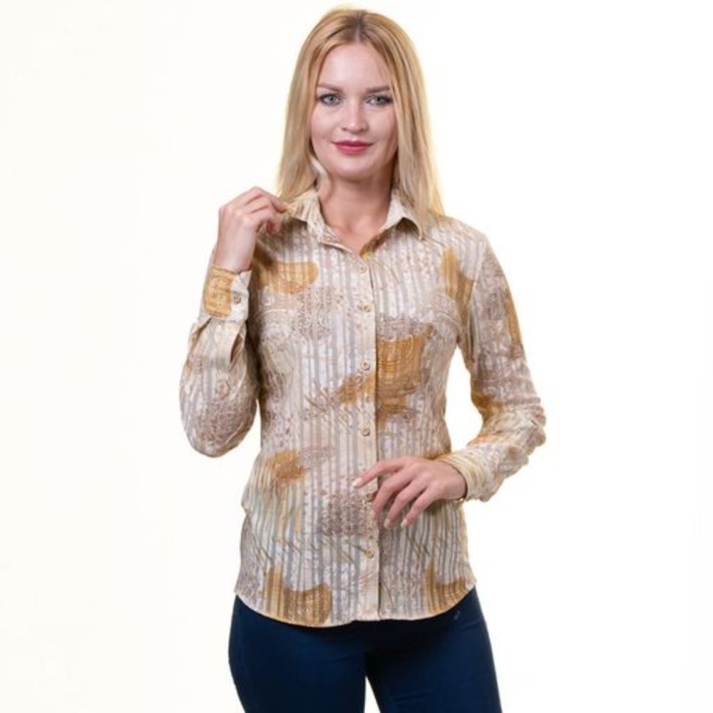 Printed Tan Button Up Shirts for Women - Floral Long Sleeve Cotton Shirts